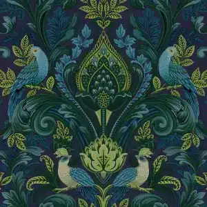 Tumma sininen Ornamentti tapetti Boheemi tapetti vihreitä lintuja vihreä tapetti Arcadia Opulent Damask värikäs ornamentti tapetti