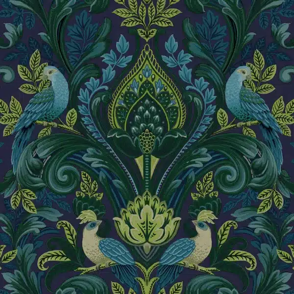 Tumma sininen Ornamentti tapetti Boheemi tapetti vihreitä lintuja vihreä tapetti Arcadia Opulent Damask värikäs ornamentti tapetti